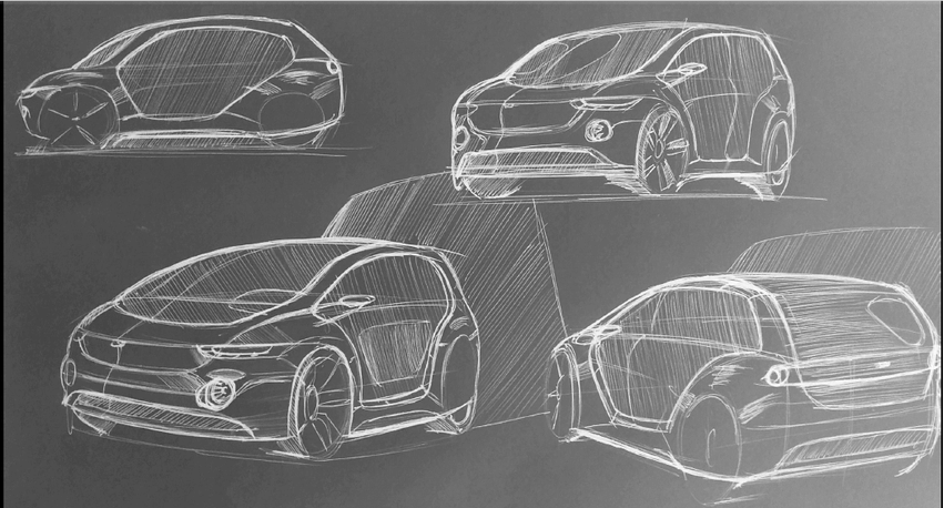 Concept design sketches and renderings of vehicle bodies